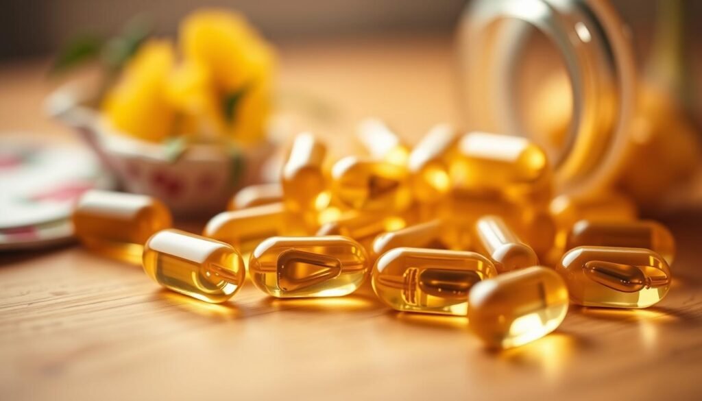 A close-up, detailed view of evening primrose oil capsules and softgels resting on a warm, wooden surface. The soft lighting creates a cozy, natural ambiance, highlighting the translucent, golden hue of the oil-filled capsules. The capsules are arranged in an artful, visually appealing manner, showcasing their shape, size, and quality. The background is slightly blurred, allowing the supplements to be the central focus. The overall composition conveys a sense of wellness, purity, and the potential benefits of evening primrose oil.