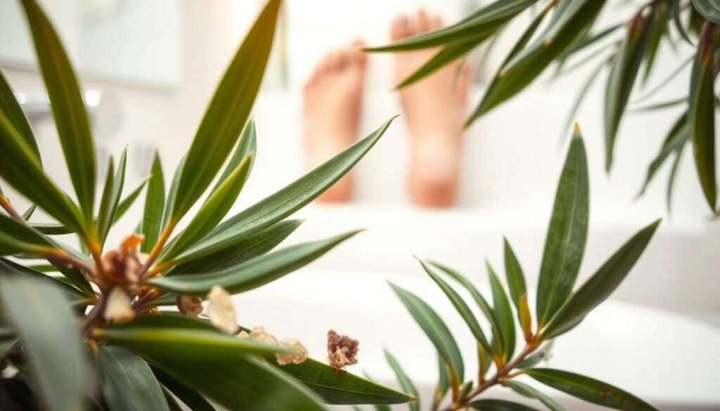 A close-up photograph of tea tree leaves and stems, showcasing their distinctive green foliage and delicate textures. In the foreground, several nail clippings and a small fungal infection specimen are prominently displayed, highlighting the medicinal properties of tea tree oil. The middle ground features a pair of athlete's foot-affected feet, their skin rough and discolored. The background is a clean, well-lit environment, perhaps a bathroom counter or medical setting, conveying a sense of cleanliness and wellness. The lighting is soft and diffused, creating a soothing, natural atmosphere that emphasizes the healing potential of this versatile botanical.