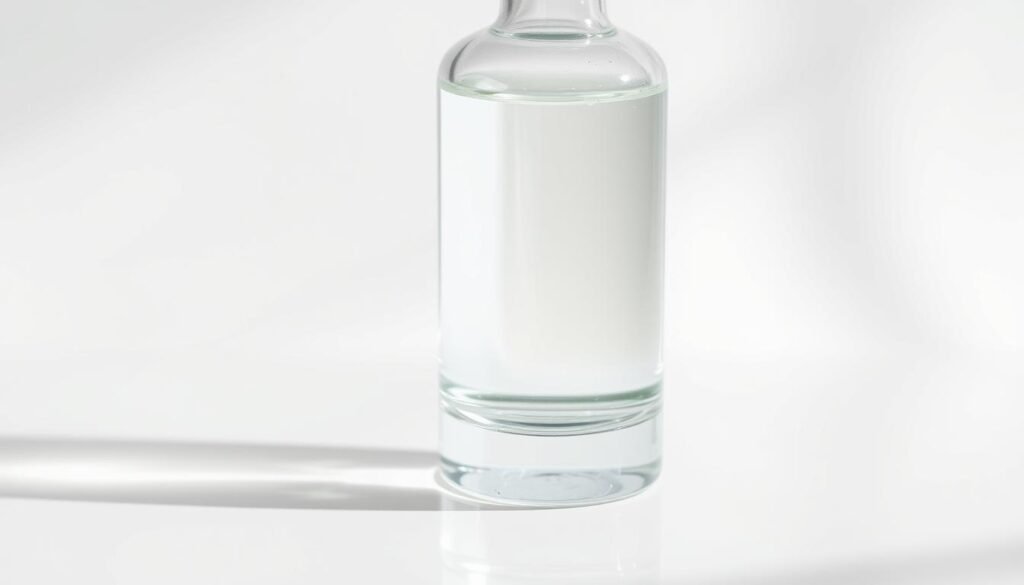 A close-up shot of a glass bottle containing a clear, viscous liquid hyaluronic acid serum. The bottle is positioned on a sleek, minimalist white background, allowing the product to be the focal point. Soft, natural lighting illuminates the bottle, highlighting the serum's translucent quality and creating subtle reflections on the glass surface. The composition emphasizes the simplicity and purity of the product, conveying its essence as a potent skincare ingredient. The image radiates a sense of sophistication and effectiveness, reflecting the high-performance nature of hyaluronic acid serums.