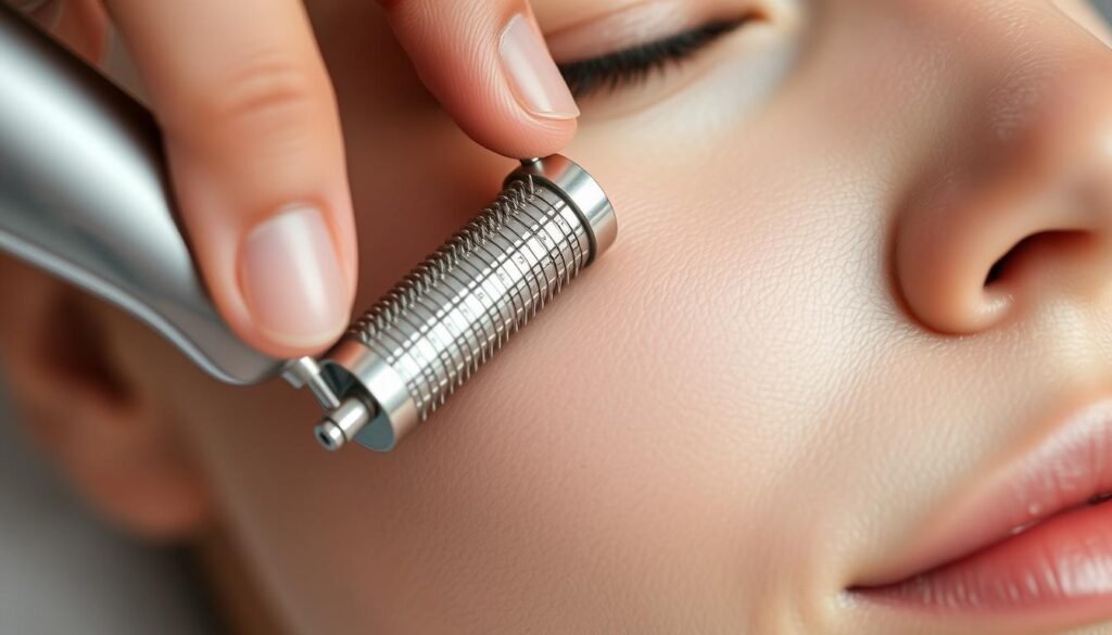 A close-up shot of a hand carefully rolling a metallic microneedling device across flawless, youthful skin. The needles, barely visible, create a subtle grid pattern as they gently pierce the epidermis. Soft, diffused lighting from the side casts delicate shadows, highlighting the device's intricate design and the skin's supple texture. The background is blurred, keeping the focus squarely on the therapeutic treatment and its transformative potential. Convey a sense of precision, efficacy, and a journey towards clearer, more radiant complexion.