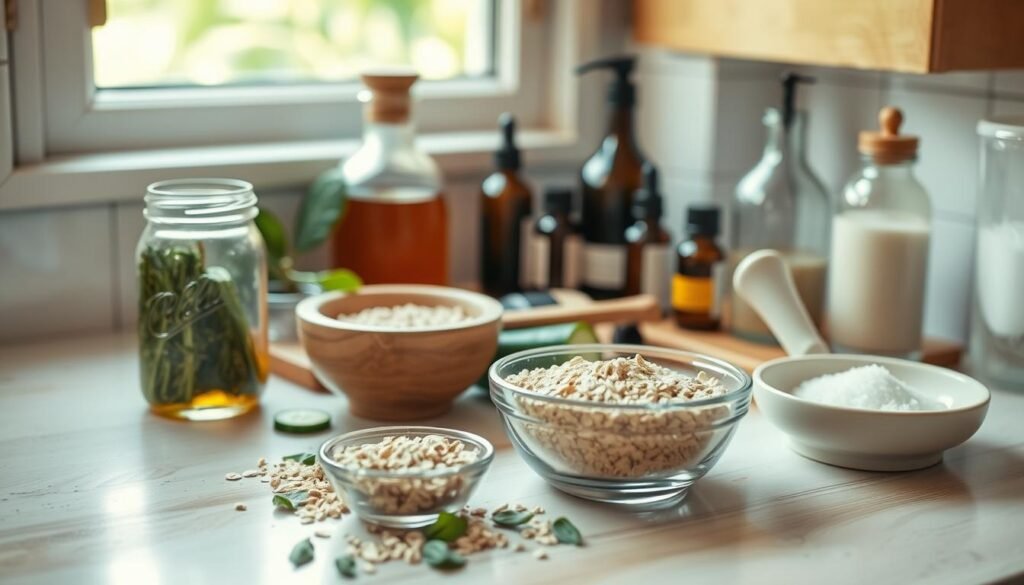 A cozy kitchen counter, filled with an array of homemade skin care remedies. In the foreground, a mason jar of honey, a mortar and pestle with crushed herbs, and a small bowl of oatmeal. In the middle ground, a cutting board with sliced cucumbers, a glass bottle of essential oils, and a ceramic dish of sea salt. The background features an open window, letting in soft, natural lighting that illuminates the homemade skin care products. The overall mood is one of simplicity, wellness, and a connection to nature.