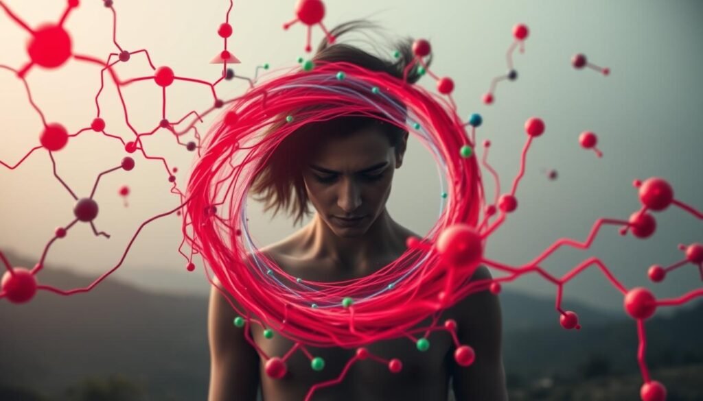 A disrupted endocrine system, hormonal imbalance manifests as an intricate web of biological signals. In the foreground, a swirling vortex of hormones - estrogen, testosterone, cortisol - in vibrant hues of red, blue and green, symbolizing the chaotic fluctuations. The middle ground depicts a stylized human figure, partially obscured, with an unsettled expression, representing the physical and emotional impact. The background features a muted, dreamlike landscape, hinting at the complex interplay of genetic and environmental factors. The lighting is soft, with a subtle chiaroscuro effect, evoking a sense of introspection. The overall composition conveys the nuanced, multi-faceted nature of hormonal imbalance as a trigger for acne.