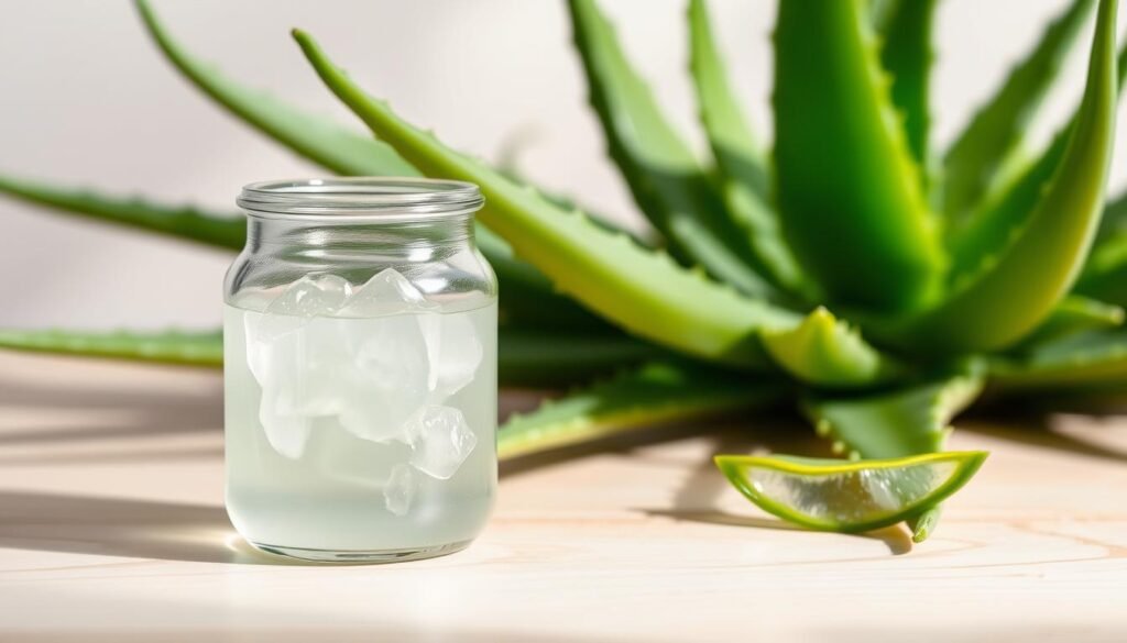 A glass jar filled with fresh, translucent aloe vera gel sits on a clean, light-colored wooden surface. The gel glistens under soft, natural lighting, casting subtle shadows that highlight its soothing, cooling texture. In the background, lush, green aloe vera leaves emerge, their serrated edges and succulent forms creating a lush, botanical backdrop. The overall scene conveys a sense of purity, simplicity, and the restorative, skin-nourishing properties of the aloe vera plant.