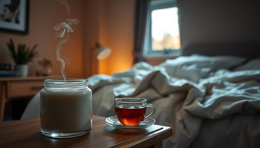 A serene, softly lit bedroom scene. In the foreground, a nightstand displays a glass jar filled with a rich, creamy retinol moisturizer. Beside it, a cup of herbal tea steams gently. In the middle ground, a cozy bed with rumpled sheets invites relaxation. The walls are adorned with calming, earthy tones, and a single window allows soft, diffused evening light to pour in, casting a warm, soothing glow throughout the space. The overall atmosphere conveys the benefits of using retinol cream at night: replenishment, rejuvenation, and a peaceful transition into slumber.