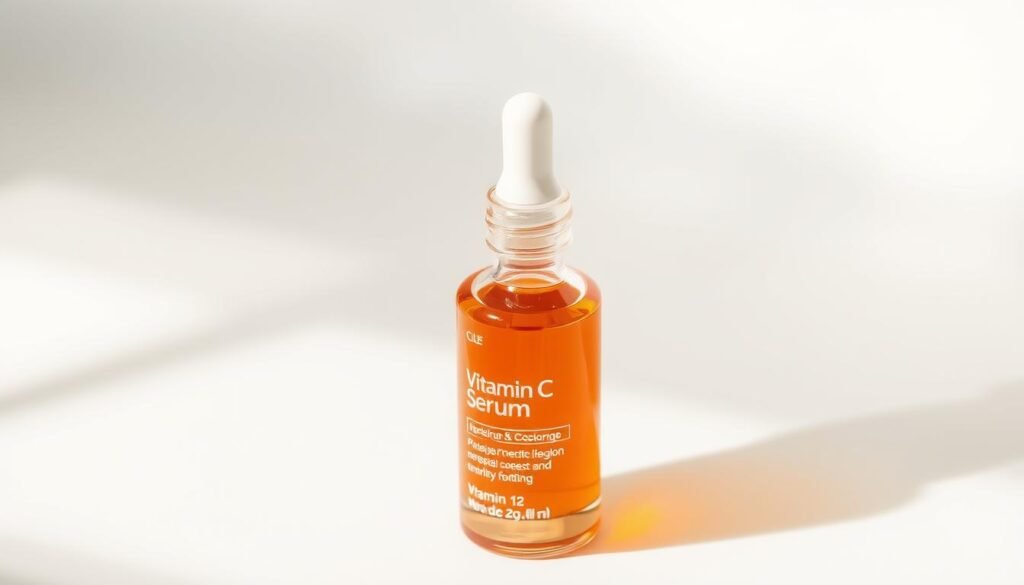 A sleek and modern glass bottle filled with a vibrant, amber-hued vitamin C serum sits atop a pristine white surface, casting a soft, diffused shadow. The bottle's label features clean, minimalist typography highlighting the key ingredients and skin benefits. The lighting is soft and directional, creating a warm, inviting atmosphere that accentuates the product's premium, high-quality appearance. The background is subtly blurred, keeping the focus on the central bottle and drawing the viewer's attention to the serum's alluring color and texture. The overall composition and styling convey a sense of luxury, efficacy, and skin-nourishing potential.