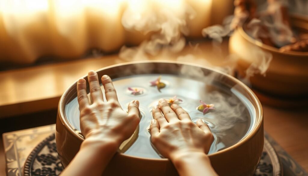A tranquil spa-like setting, with a large ceramic bowl filled with steaming water emitting billowing wisps of vapor. The water's surface gently ripples, reflecting the warm golden-hued lighting from above. Delicate flower petals float atop the water, adding a touch of natural beauty. In the foreground, a pair of relaxed hands rest on the edge of the bowl, palms facing upwards to capture the rejuvenating steam. The scene exudes a sense of calm and indulgence, inviting the viewer to pause and enjoy this simple yet effective skincare ritual.