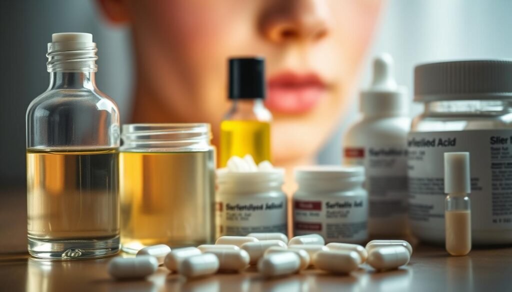 A well-lit, close-up view of an assortment of salicylic acid-based skin care products. In the foreground, a glass bottle filled with a clear liquid, a jar of cream, and a tube of serum. The middle ground showcases various sized salicylic acid tablets and capsules. In the background, a blurred, soft-focus image of a person's face with visible acne-prone skin. The overall lighting is warm and inviting, highlighting the textures and details of the products. The angle is slightly elevated, creating a sense of professionalism and authority, suitable for illustrating the "Choosing the right form and dosage of salicylic acid treatment" section.