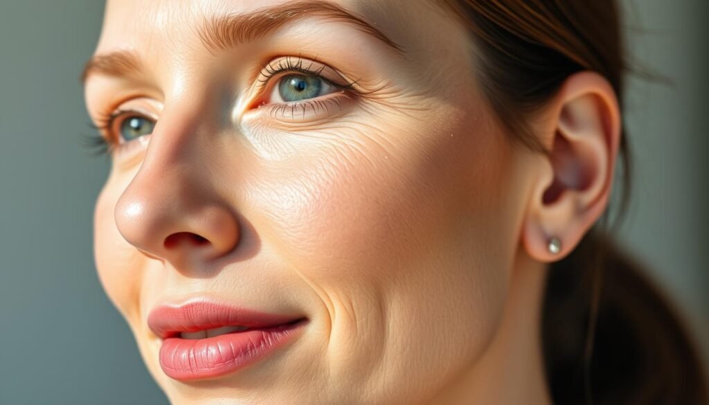 A well-lit, high-resolution close-up shot of a woman's face, showcasing her skin's texture and youthful radiance. The lighting is natural and diffused, casting soft shadows that accentuate the contours of her skin. The background is blurred, keeping the focus on the subject's face. The woman's expression is relaxed and confident, conveying a sense of healthy, vibrant skin. The image captures the real-world performance of an anti-aging product, revealing the tangible results through detailed, high-quality visual representation.
